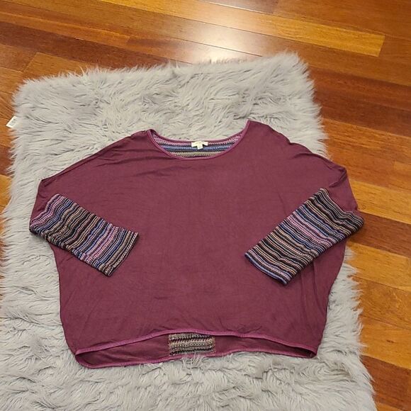 Umgee womens burgendy oversized shirt with knit back and sleeves size large - Picture 1 of 7